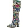 imageSHEMEE Womens Colorful Snakeskin Knee High Boot Chunky Block High Heels Snake Print Round Toe Zipper Slouch ShoesGreen Snake Print