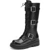 imageSHEMEE Womens Fashion Buckles Biker Riding Boots Knee High Zipper Motorcycle Boots Lace Up Military Combat Boot Chunky Low HeelsBlack