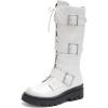 imageSHEMEE Womens Fashion Buckles Biker Riding Boots Knee High Zipper Motorcycle Boots Lace Up Military Combat Boot Chunky Low HeelsWhite
