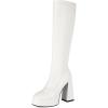imageSHEMEE Womens Fashion Stretch Boots Square Toe Block High Heels Knee High Boots Chunky Platform MidCalf BootsWhite