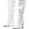 imageSHEMEE Womens Slouch Boots Knee High Wrinkled Block Heels Fashion Pointy Toe Chunky High Heeled Tall BootsPu White