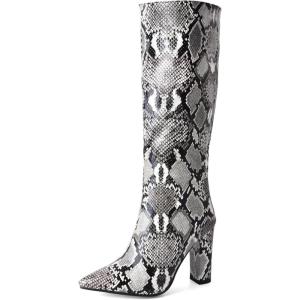 imageSHEMEE Womens Colorful Snakeskin Knee High Boot Chunky Block High Heels Snake Print Round Toe Zipper Slouch ShoesBlack Snake 1