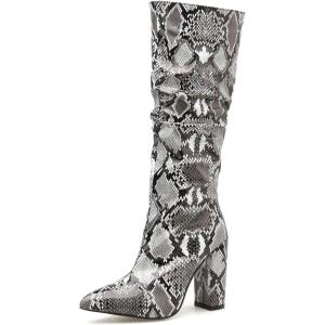 imageSHEMEE Womens Colorful Snakeskin Knee High Boot Chunky Block High Heels Snake Print Round Toe Zipper Slouch ShoesBlack Snake Print