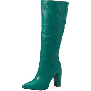 imageSHEMEE Womens Colorful Snakeskin Knee High Boot Chunky Block High Heels Snake Print Round Toe Zipper Slouch ShoesGreen Pu