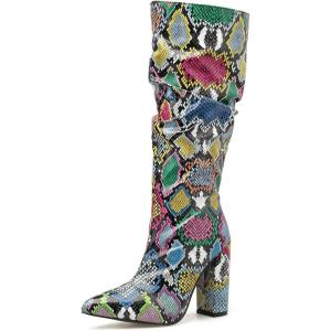 imageSHEMEE Womens Colorful Snakeskin Knee High Boot Chunky Block High Heels Snake Print Round Toe Zipper Slouch ShoesGreen Snake Print