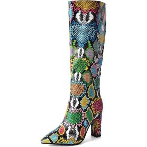 imageSHEMEE Womens Colorful Snakeskin Knee High Boot Chunky Block High Heels Snake Print Round Toe Zipper Slouch ShoesMulticolor Snake 1