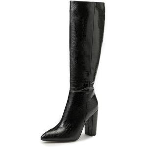 imageSHEMEE Womens Colorful Snakeskin Knee High Boot Chunky Block High Heels Snake Print Round Toe Zipper Slouch ShoesStone Pattern Black