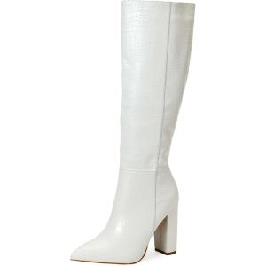 imageSHEMEE Womens Colorful Snakeskin Knee High Boot Chunky Block High Heels Snake Print Round Toe Zipper Slouch ShoesStone Pattern White