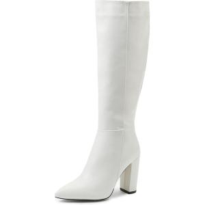 imageSHEMEE Womens Colorful Snakeskin Knee High Boot Chunky Block High Heels Snake Print Round Toe Zipper Slouch ShoesWhite Pu