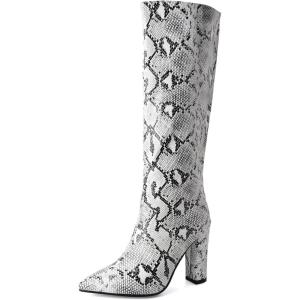 imageSHEMEE Womens Colorful Snakeskin Knee High Boot Chunky Block High Heels Snake Print Round Toe Zipper Slouch ShoesWhite Snake 1