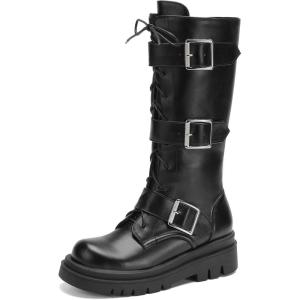 imageSHEMEE Womens Fashion Buckles Biker Riding Boots Knee High Zipper Motorcycle Boots Lace Up Military Combat Boot Chunky Low HeelsBlack