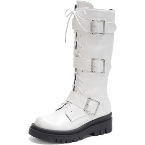 imageSHEMEE Womens Fashion Buckles Biker Riding Boots Knee High Zipper Motorcycle Boots Lace Up Military Combat Boot Chunky Low HeelsWhite