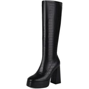imageSHEMEE Womens Fashion Stretch Boots Square Toe Block High Heels Knee High Boots Chunky Platform MidCalf BootsBlack