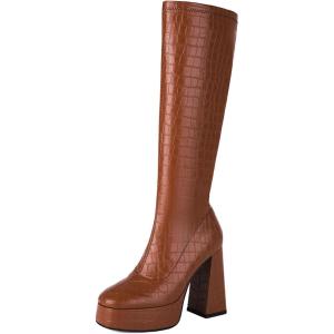 imageSHEMEE Womens Fashion Stretch Boots Square Toe Block High Heels Knee High Boots Chunky Platform MidCalf BootsBrown