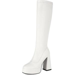 imageSHEMEE Womens Fashion Stretch Boots Square Toe Block High Heels Knee High Boots Chunky Platform MidCalf BootsWhite