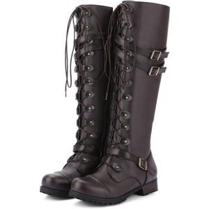 imageSHEMEE Womens Flat Combat Boot Buckle Riding Knee High Boots Lace Up Chunky Low Heels Gothic Motorcycle Boots with Inside ZipperDark Brown