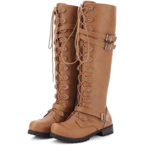 imageSHEMEE Womens Flat Combat Boot Buckle Riding Knee High Boots Lace Up Chunky Low Heels Gothic Motorcycle Boots with Inside ZipperYellow