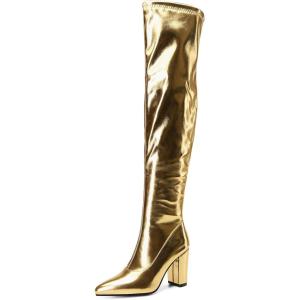 imageSHEMEE Womens Metallic Over The Knee Boot Chunky Block Heels Thigh High Boots Stylish Disco Outfits Long BootsGold