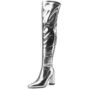 imageSHEMEE Womens Metallic Over The Knee Boot Chunky Block Heels Thigh High Boots Stylish Disco Outfits Long BootsSilver