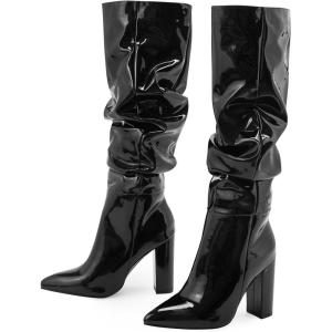 imageSHEMEE Womens Slouch Boots Knee High Wrinkled Block Heels Fashion Pointy Toe Chunky High Heeled Tall BootsPatent Black