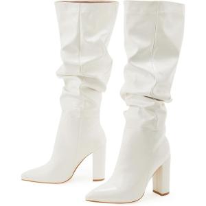 imageSHEMEE Womens Slouch Boots Knee High Wrinkled Block Heels Fashion Pointy Toe Chunky High Heeled Tall BootsPatent White