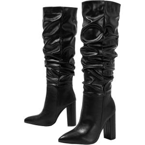 imageSHEMEE Womens Slouch Boots Knee High Wrinkled Block Heels Fashion Pointy Toe Chunky High Heeled Tall BootsPu Black