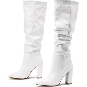 imageSHEMEE Womens Slouch Boots Knee High Wrinkled Block Heels Fashion Pointy Toe Chunky High Heeled Tall BootsPu White