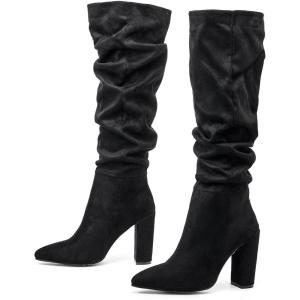 imageSHEMEE Womens Slouch Boots Knee High Wrinkled Block Heels Fashion Pointy Toe Chunky High Heeled Tall BootsSuede Black