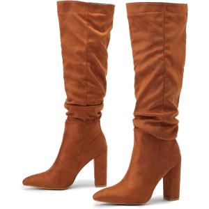 imageSHEMEE Womens Slouch Boots Knee High Wrinkled Block Heels Fashion Pointy Toe Chunky High Heeled Tall BootsSuede Brown