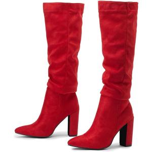 imageSHEMEE Womens Slouch Boots Knee High Wrinkled Block Heels Fashion Pointy Toe Chunky High Heeled Tall BootsSuede Red