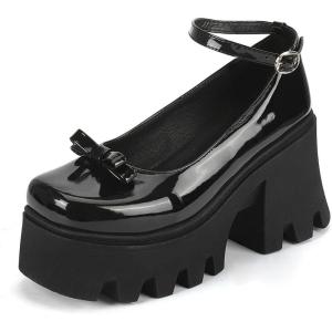 imageSHEMEE Womens Square Toe Gothic Chunky Platform Mary Jane Pumps Patent Leather Block High Heel Ankle Strap Buckle Cosplay Shoes with BowknotBlack