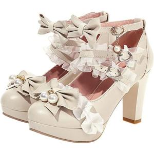 imageSHEMEE Womens Sweet Bow Chunky High Heel Mary Janes Platform Block Heels Buckle Ankle Strap Dress PumpsBeige