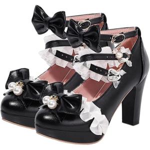 imageSHEMEE Womens Sweet Bow Chunky High Heel Mary Janes Platform Block Heels Buckle Ankle Strap Dress PumpsBlack