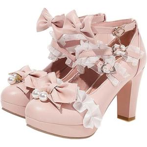 imageSHEMEE Womens Sweet Bow Chunky High Heel Mary Janes Platform Block Heels Buckle Ankle Strap Dress PumpsPink