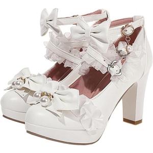 imageSHEMEE Womens Sweet Bow Chunky High Heel Mary Janes Platform Block Heels Buckle Ankle Strap Dress PumpsWhite