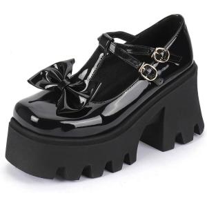 imageSHEMEE Womens TStrap Chunky Platform Patent Leather Mary Jane Pumps Ankle Strap Block High Heels Square Toe Gothic Buckle Cosplay ShoesBlack