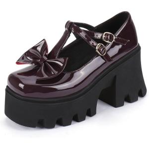 imageSHEMEE Womens TStrap Chunky Platform Patent Leather Mary Jane Pumps Ankle Strap Block High Heels Square Toe Gothic Buckle Cosplay ShoesBurgundy