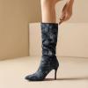 imageSHEMEE Womens Denim Knee High Boots Kitten Heels Pointed Toe Dress Jeans MidCalf Boots Zipper Tall BootsDark Blue 1