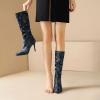imageSHEMEE Womens Denim Knee High Boots Kitten Heels Pointed Toe Dress Jeans MidCalf Boots Zipper Tall BootsDark Blue 1