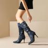 imageSHEMEE Womens Denim Knee High Boots Kitten Heels Pointed Toe Dress Jeans MidCalf Boots Zipper Tall BootsDark Blue 1