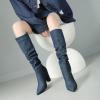 imageSHEMEE Womens Denim Knee High Boots Kitten Heels Pointed Toe Dress Jeans MidCalf Boots Zipper Tall BootsDark Blue 2