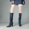 imageSHEMEE Womens Denim Knee High Boots Kitten Heels Pointed Toe Dress Jeans MidCalf Boots Zipper Tall BootsDark Blue 2