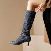 imageSHEMEE Womens Denim Knee High Boots Kitten Heels Pointed Toe Dress Jeans MidCalf Boots Zipper Tall BootsDark Blue