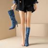 imageSHEMEE Womens Denim Knee High Boots Kitten Heels Pointed Toe Dress Jeans MidCalf Boots Zipper Tall BootsLight Blue 1