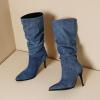 imageSHEMEE Womens Denim Knee High Boots Kitten Heels Pointed Toe Dress Jeans MidCalf Boots Zipper Tall BootsLight Blue 1