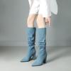 imageSHEMEE Womens Denim Knee High Boots Kitten Heels Pointed Toe Dress Jeans MidCalf Boots Zipper Tall BootsLight Blue 2
