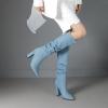 imageSHEMEE Womens Denim Knee High Boots Kitten Heels Pointed Toe Dress Jeans MidCalf Boots Zipper Tall BootsLight Blue 2