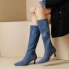 imageSHEMEE Womens Denim Knee High Boots Kitten Heels Pointed Toe Dress Jeans MidCalf Boots Zipper Tall BootsLight Blue
