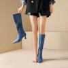 imageSHEMEE Womens Denim Knee High Boots Kitten Heels Pointed Toe Dress Jeans MidCalf Boots Zipper Tall BootsLight Blue