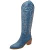 imageSHEMEE Womens Embroidered Cowboy Boots Stacked Chunky Heel Knee High Boots Western Cowgirl Long BootsBlue